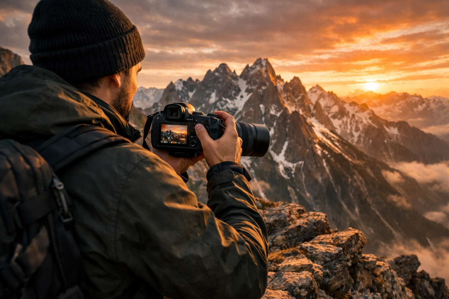 Photographer using a full-frame mirrorless camera on a cliffside for pro landscape photography tips.