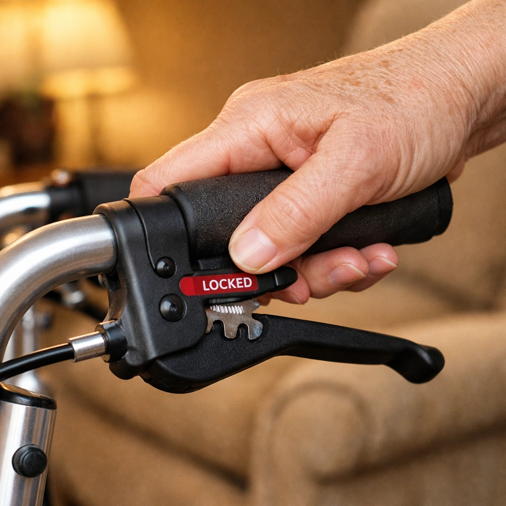 A hand locking the brakes on a rollator mobility aid to ensure stability before standing up.