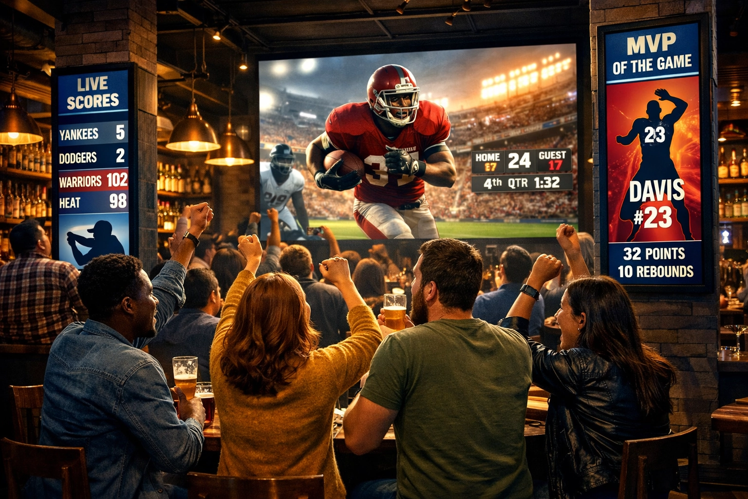 Digital signage screens in a sports bar showing real-time game updates to engaged fans.