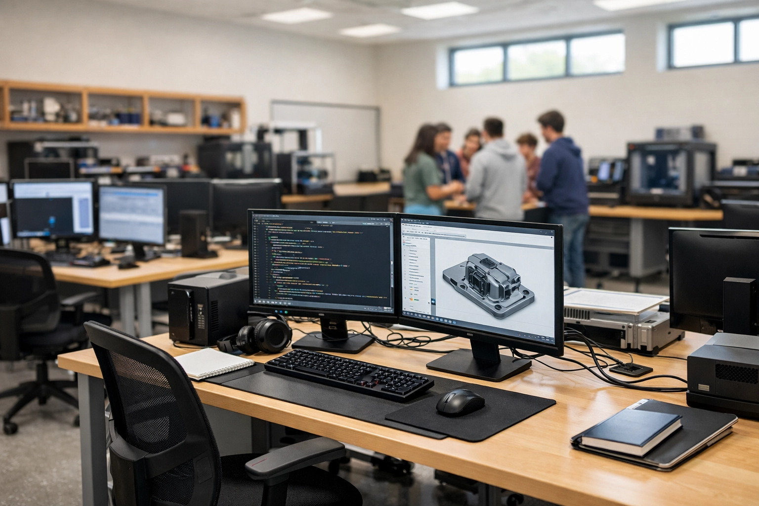 Modern high school technology lab featuring dual-monitor workstations for educational simulation.