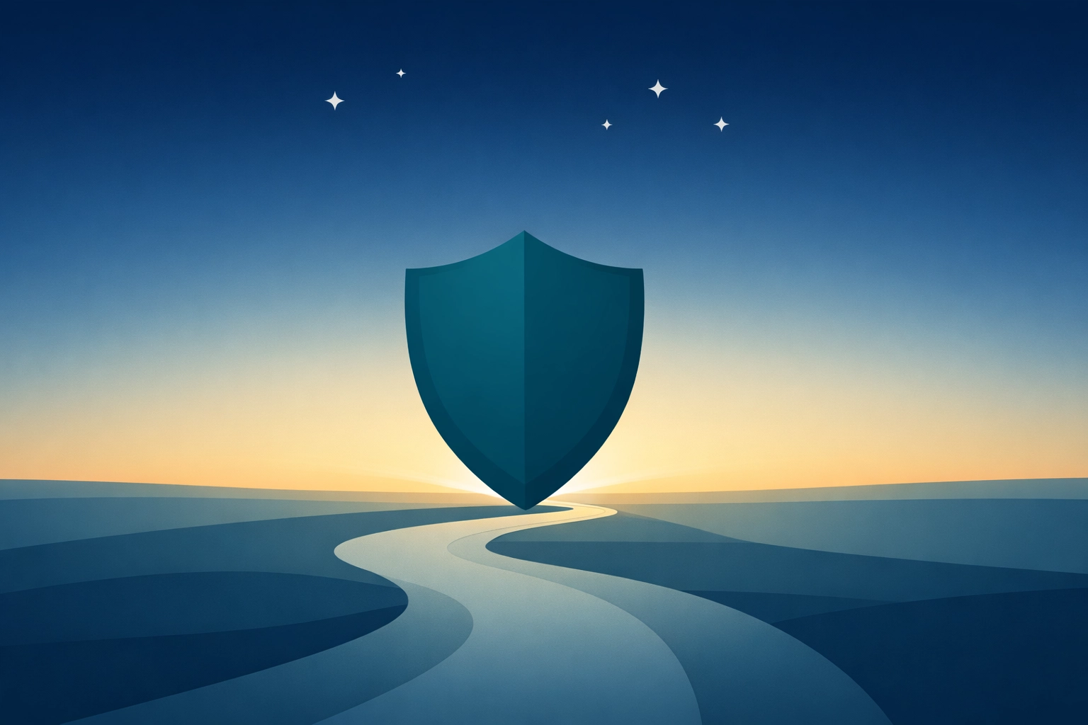 A symbolic shield on a path toward a bright horizon, representing spiritual protection on the journey to healing.