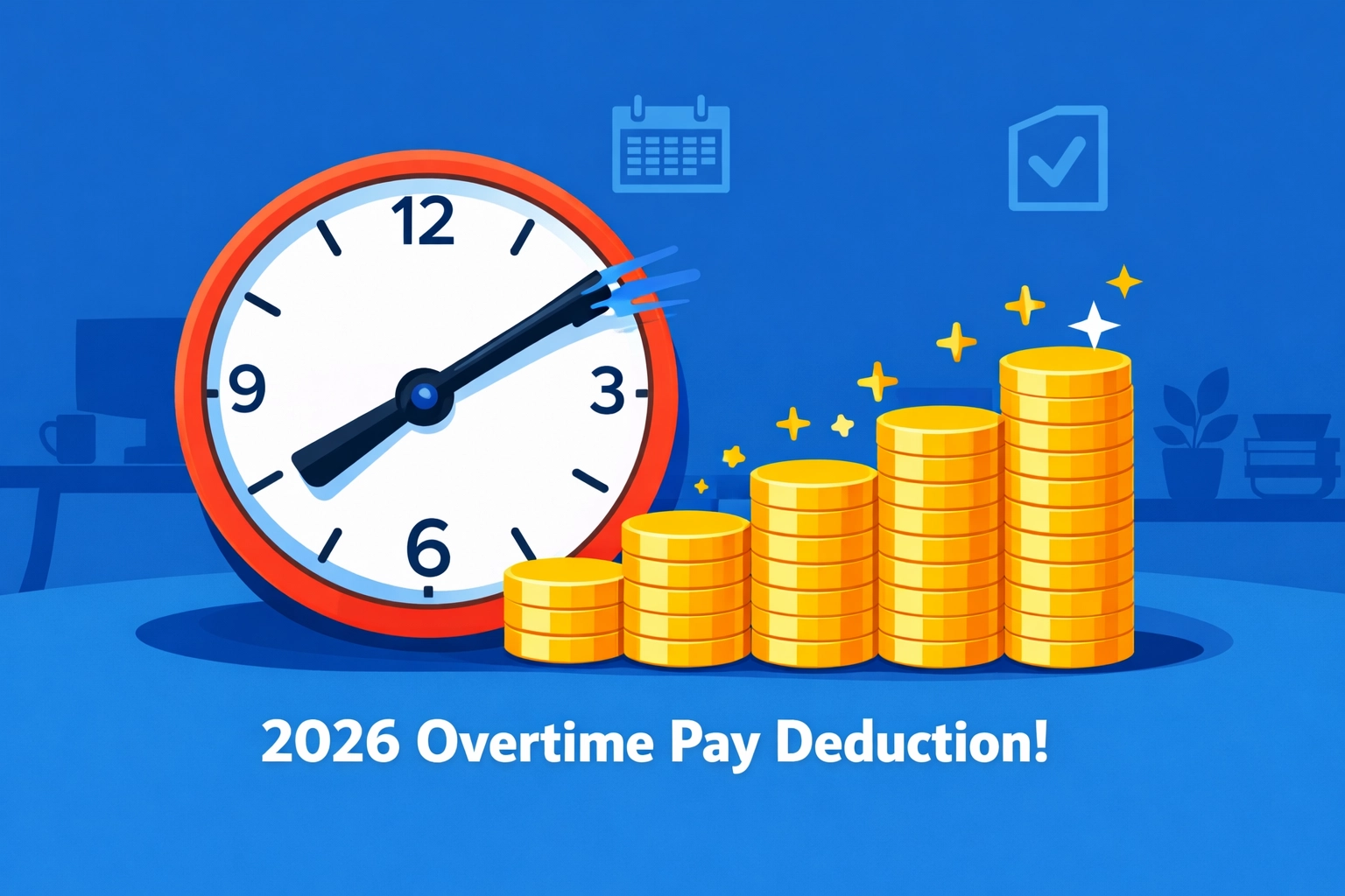 Illustration of a clock and coins representing the 2026 overtime pay deduction for increased tax refunds.