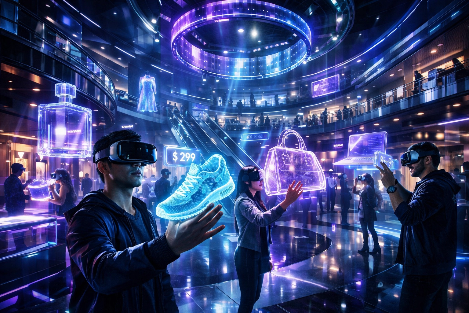 Futuristic VR shopping mall with customers exploring holographic products in metaverse