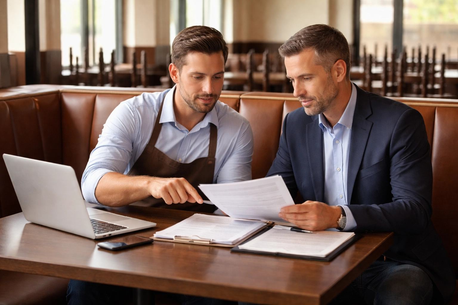 Restaurant manager consulting with insurance agent about assault and battery coverage options