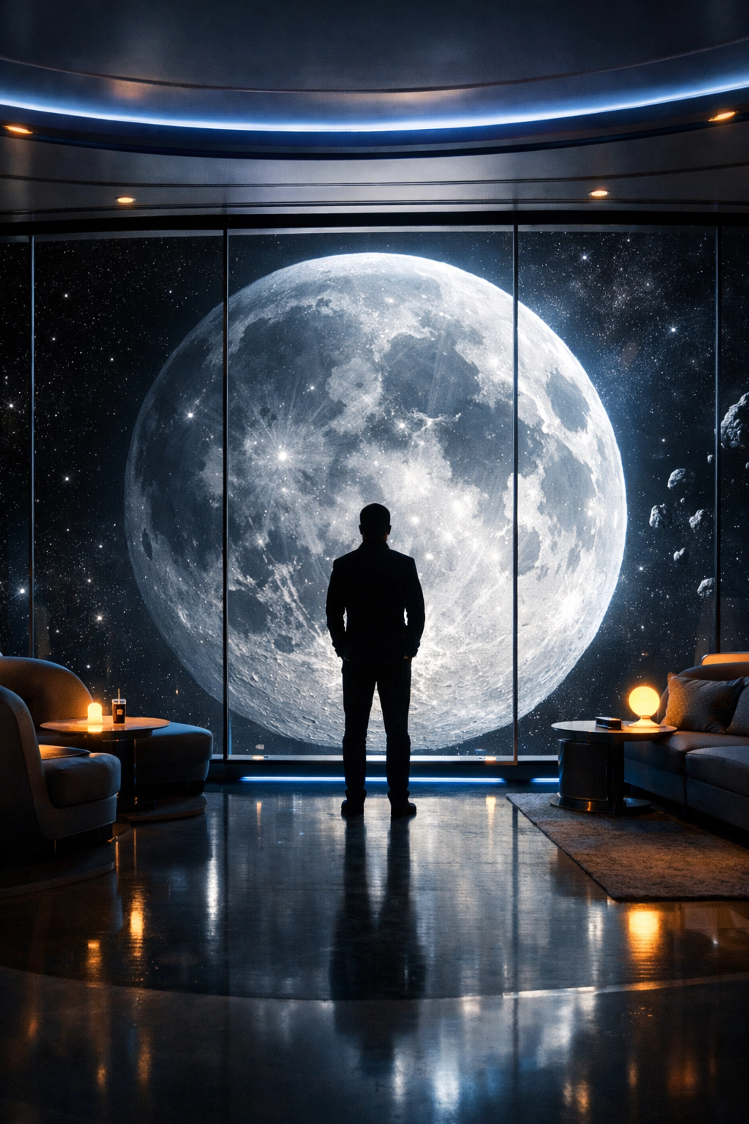 Futuristic space tourism lounge with a view of the moon representing upcoming holidays in space.