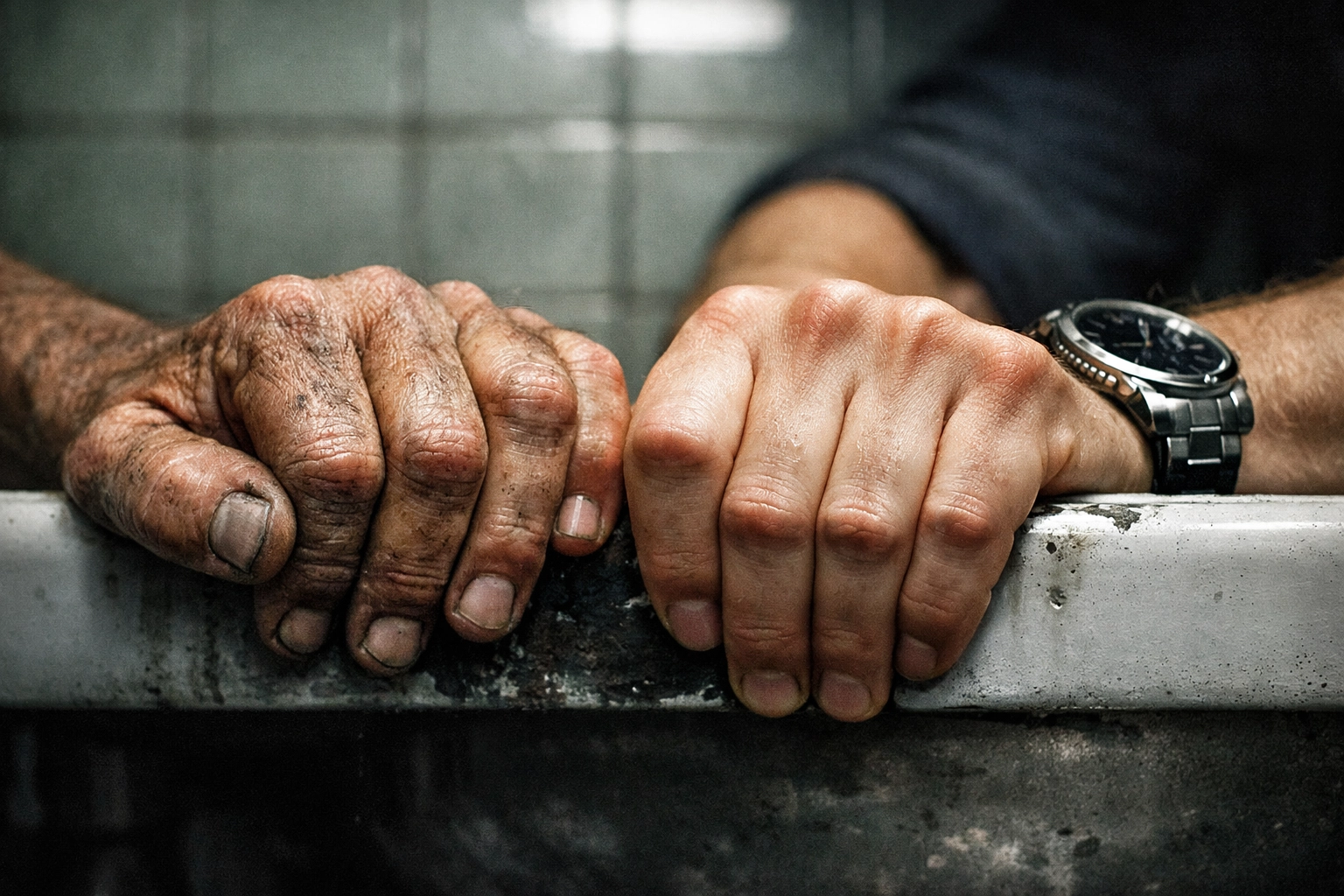 Weathered and smooth hands grip bathroom sink - blue-collar MM romance connection
