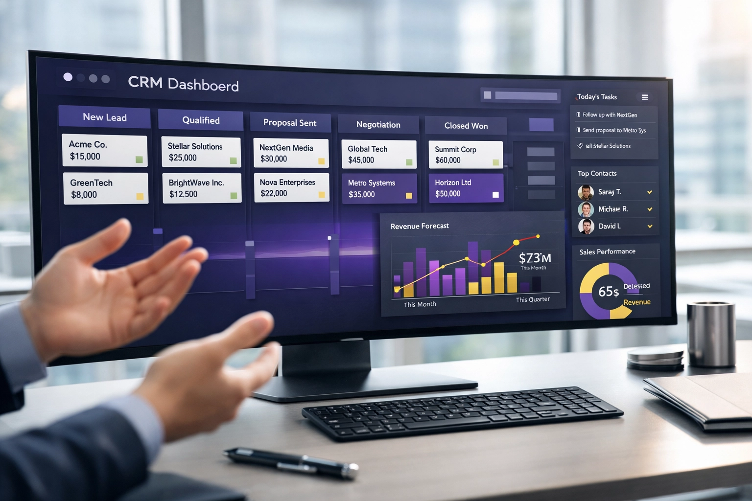 CRM sales pipeline dashboard showing revenue forecasts for professional services firm