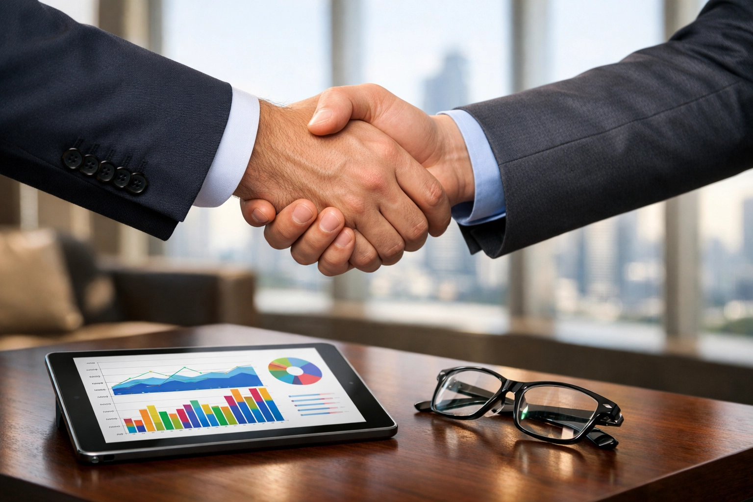 Professionals shaking hands in a luxury office, symbolizing long-term ROI from a branding blitz.