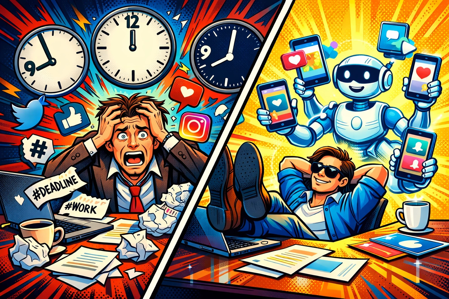 Manual social media chaos versus AI automation showing stressed entrepreneur vs. relaxed business owner