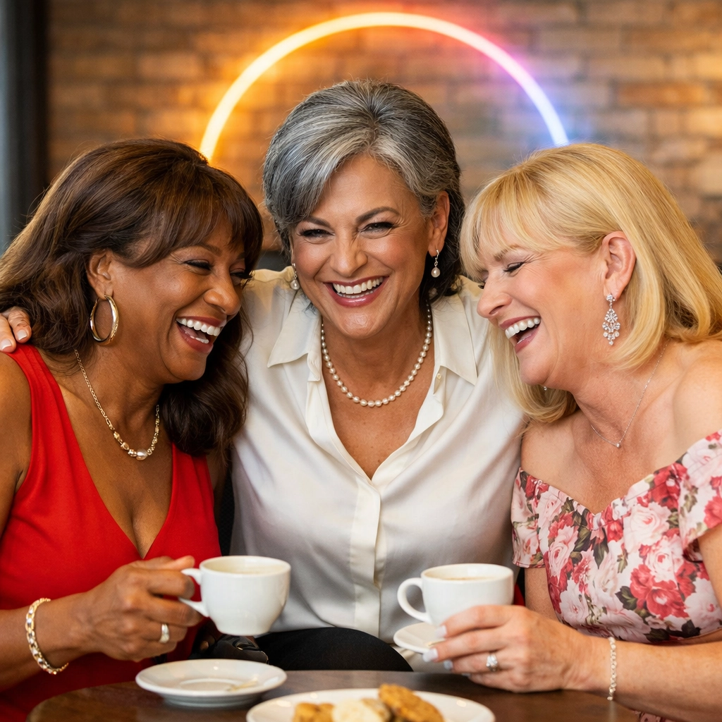 Mature trans women and crossdressers sharing a joyful moment, highlighting community and aging with grace.