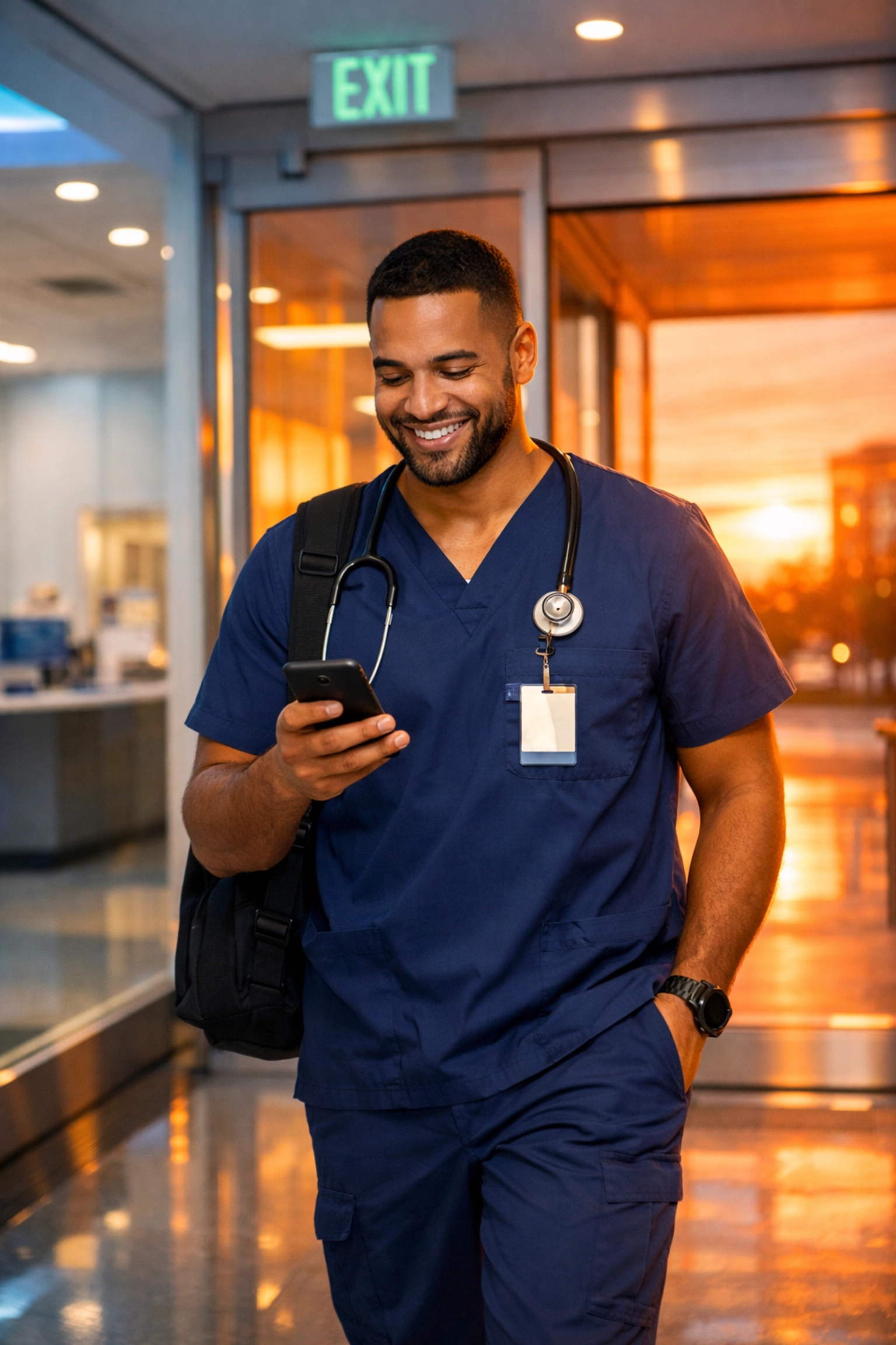 Happy nurse leaving a facility, representing how workforce flexibility prevents staff burnout and turnover.