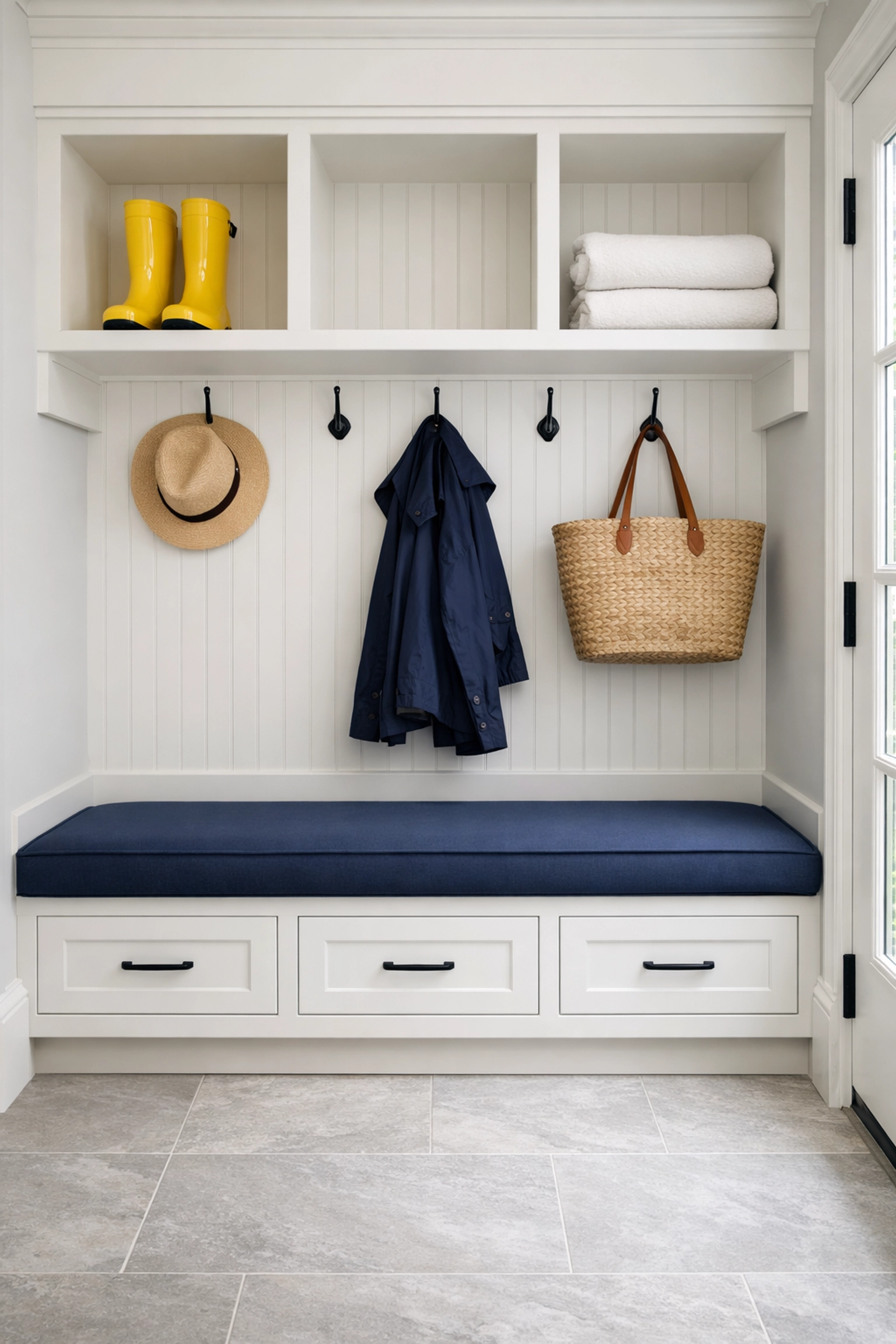 Organized entryway with clean stone floors from a weekly house cleaning in New Braintree, MA.