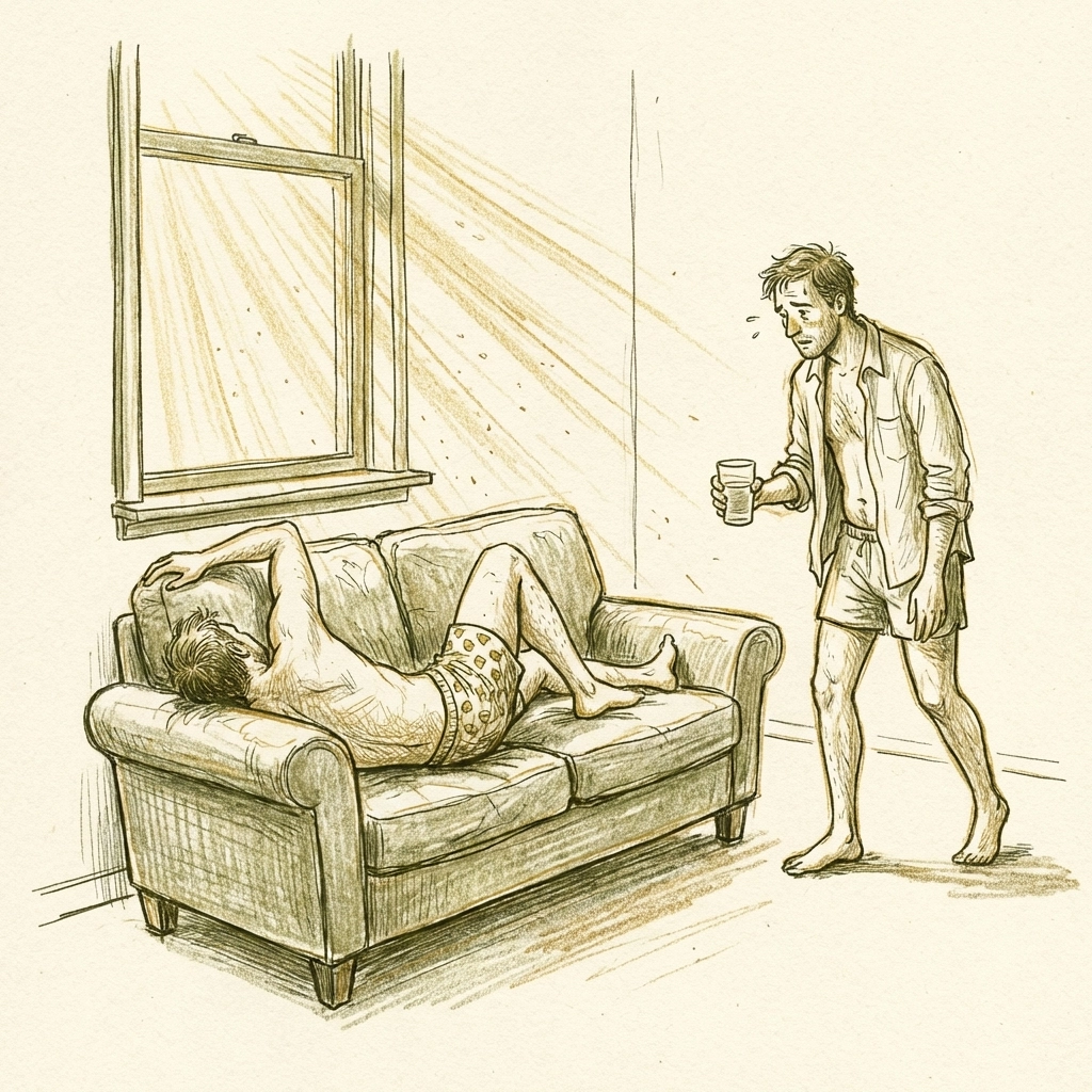 Gay romance breaking point: two men overcome rivalry with intimate vulnerability during heatwave