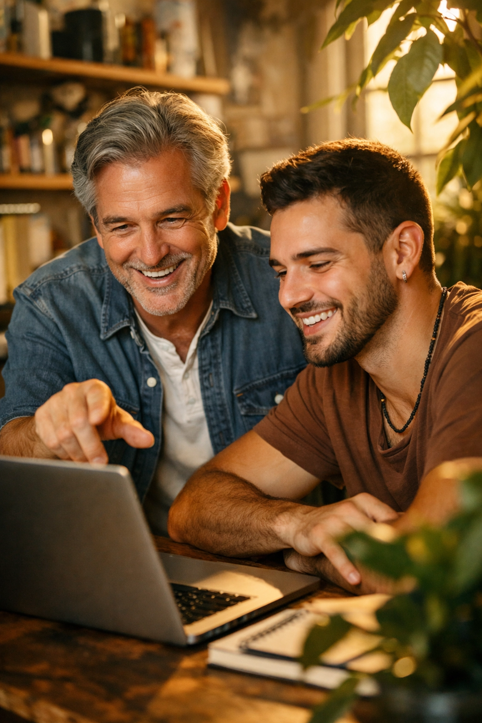 A gay mentor guiding a younger professional in a supportive and inclusive workplace environment.