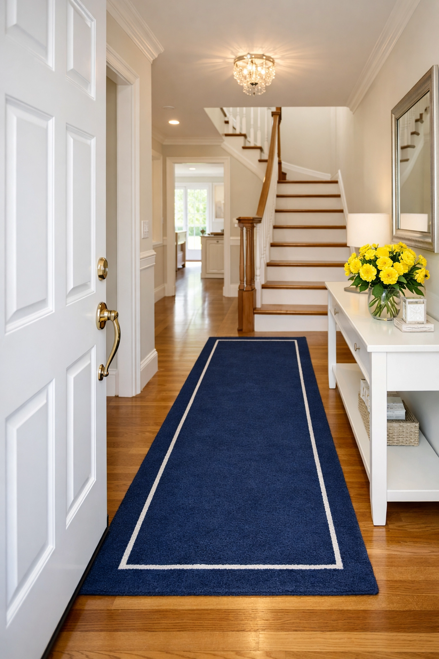 A clean and welcoming entryway in a Needham home after a scheduled weekly house cleaning.