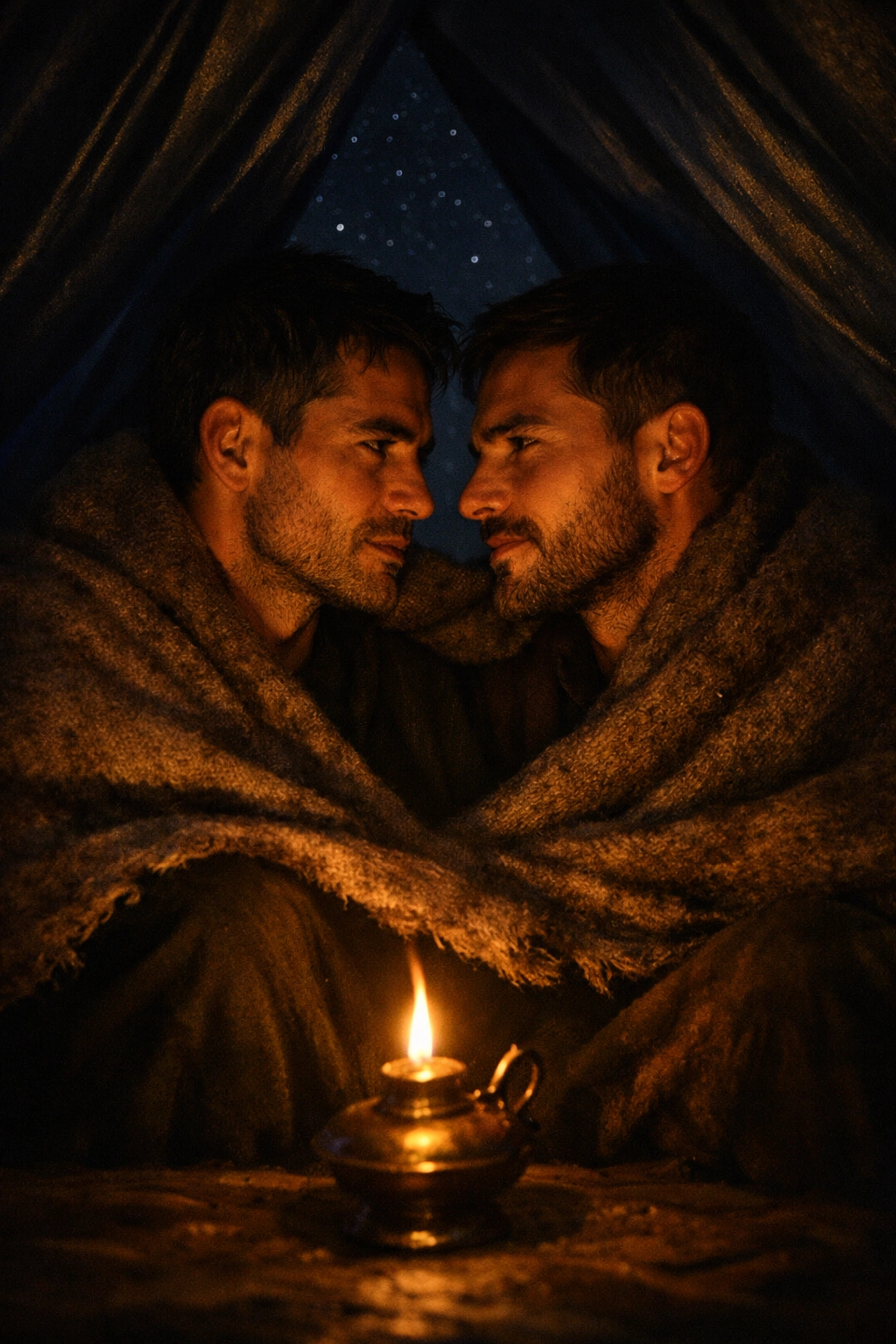 Two men huddled together in a desert tent, illustrating the forced proximity trope in a gay historical romance.