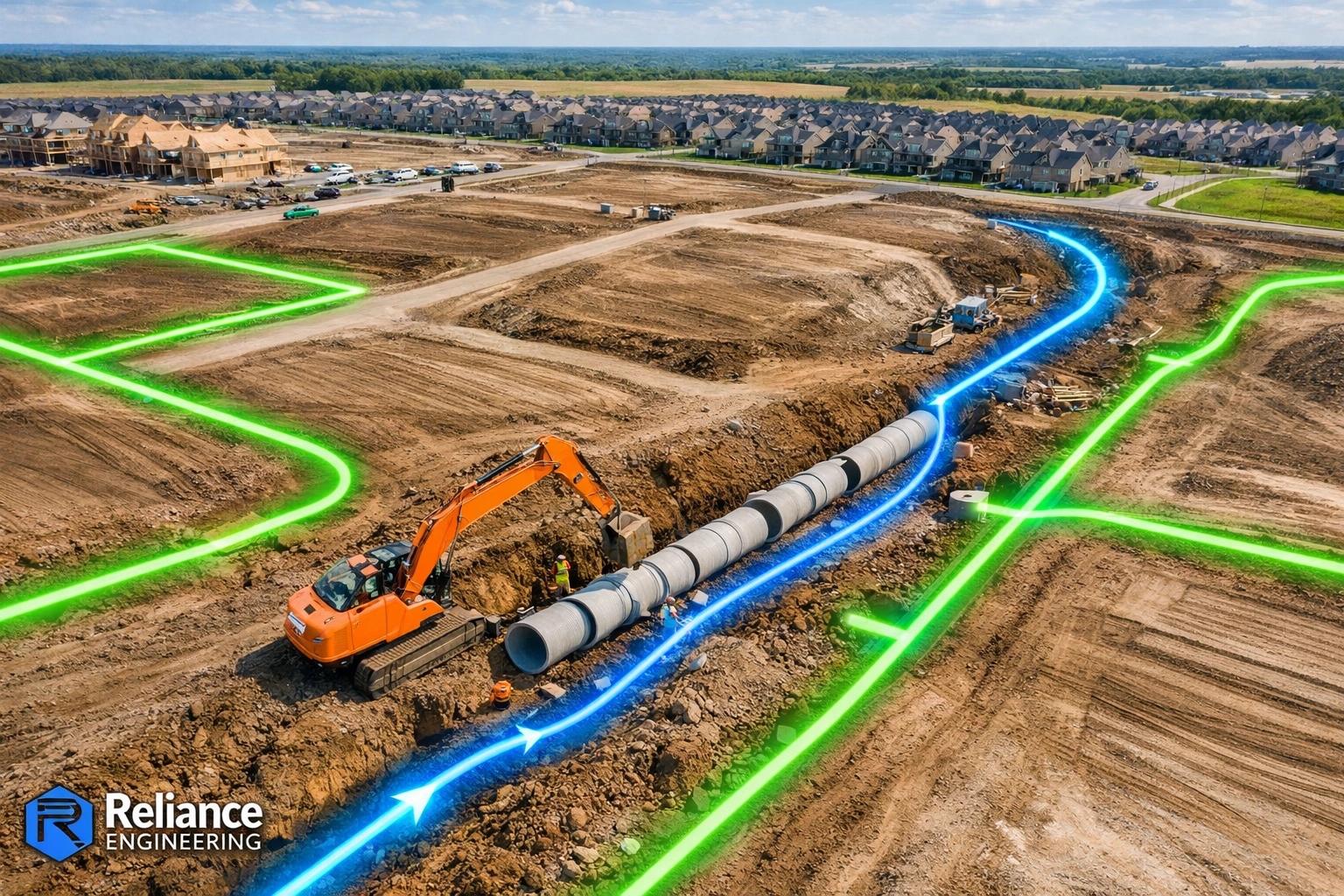 Aerial view of site grading and servicing infrastructure installation at a GTA residential development site.