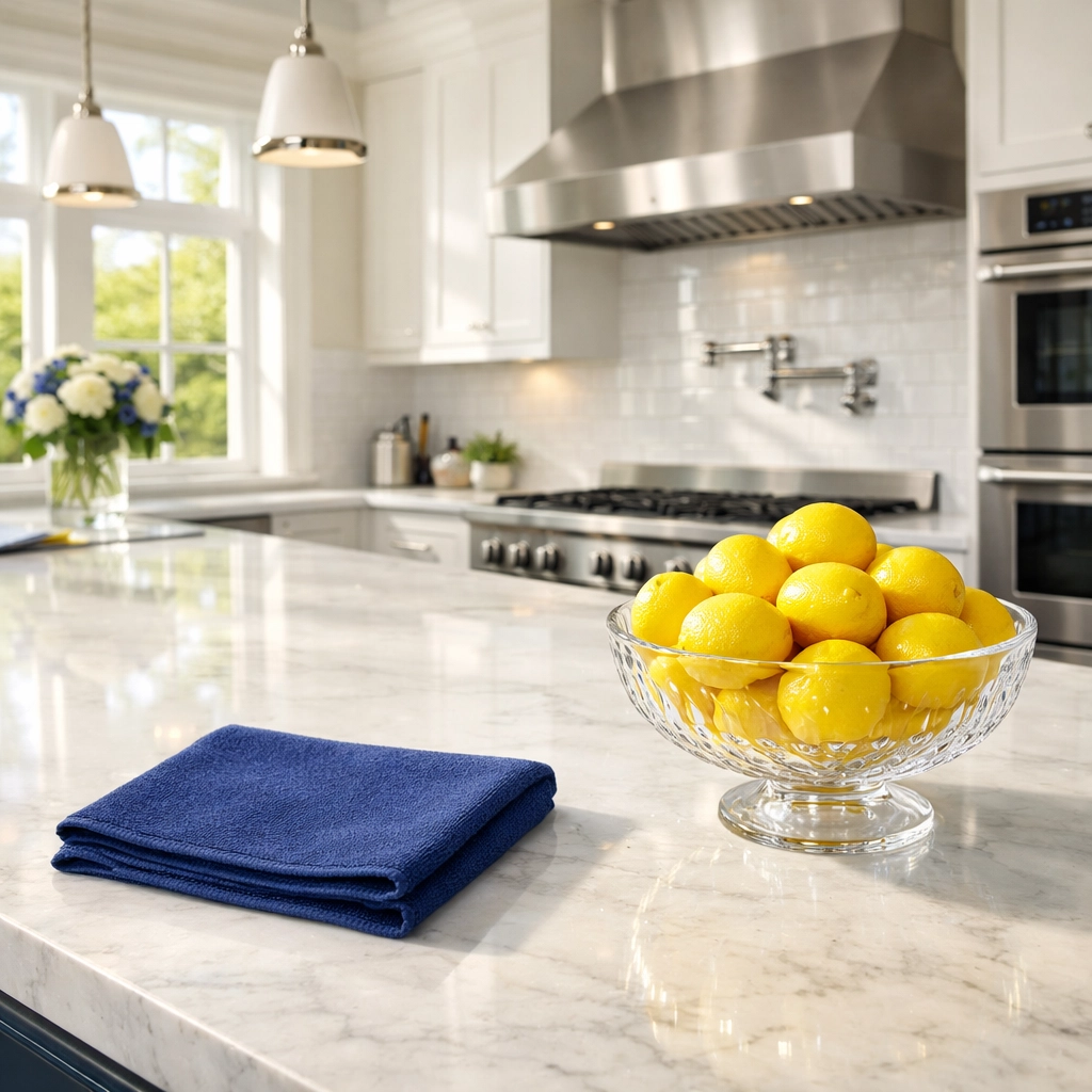A spotless Andover MA kitchen with marble countertops following a professional house cleaning service.