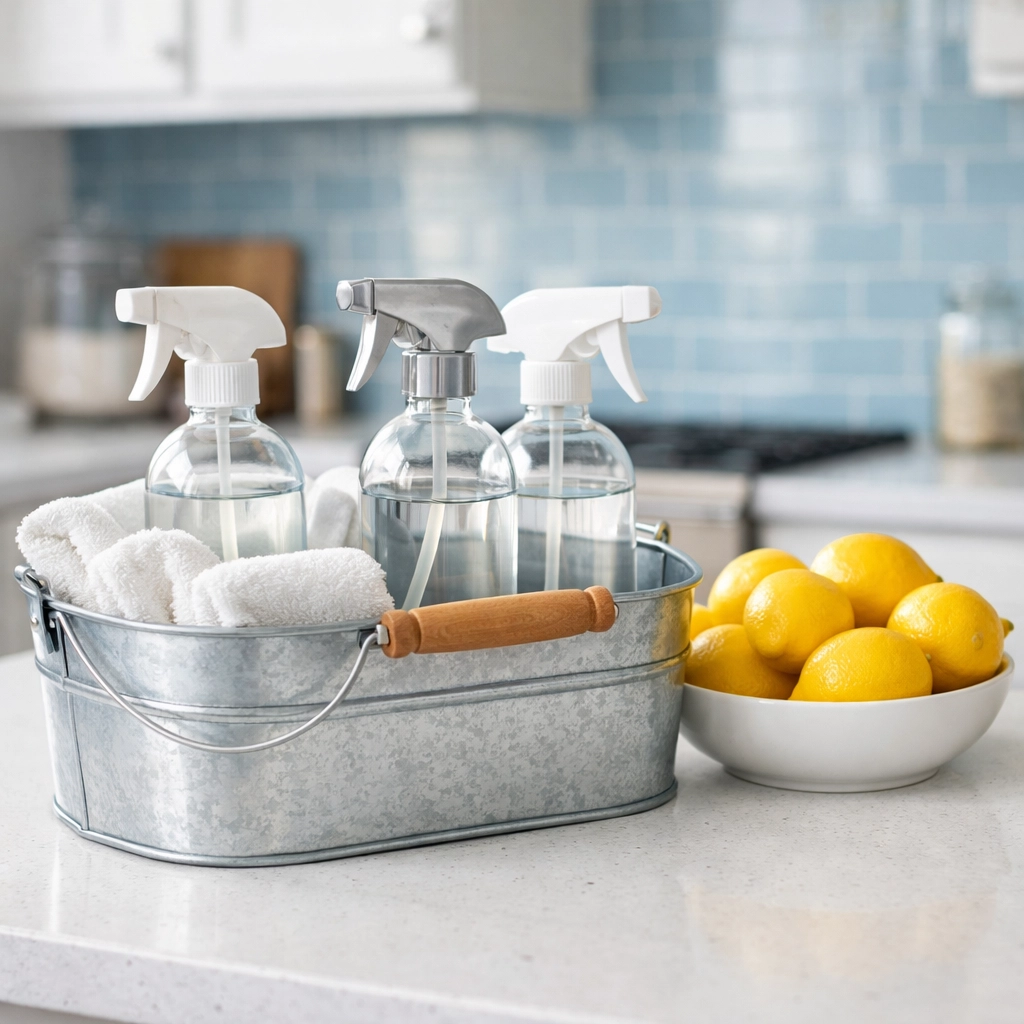 Eco-friendly supplies on a kitchen counter for move-in/move-out cleaning Lowell.