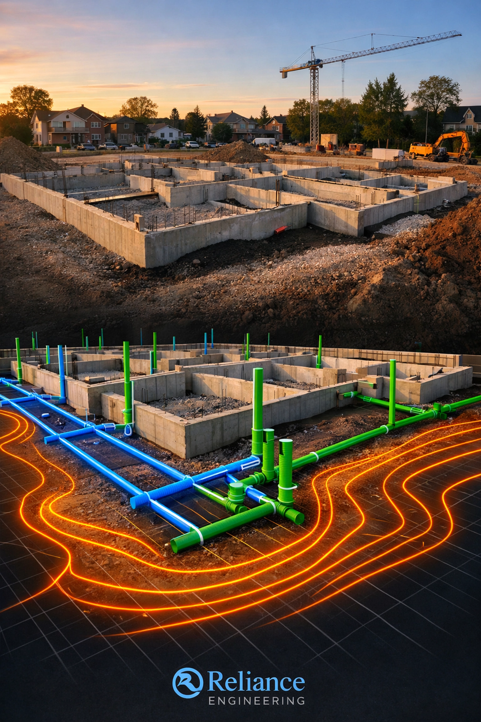 Ontario construction site showing multi-unit residential foundation and site servicing grading plan.