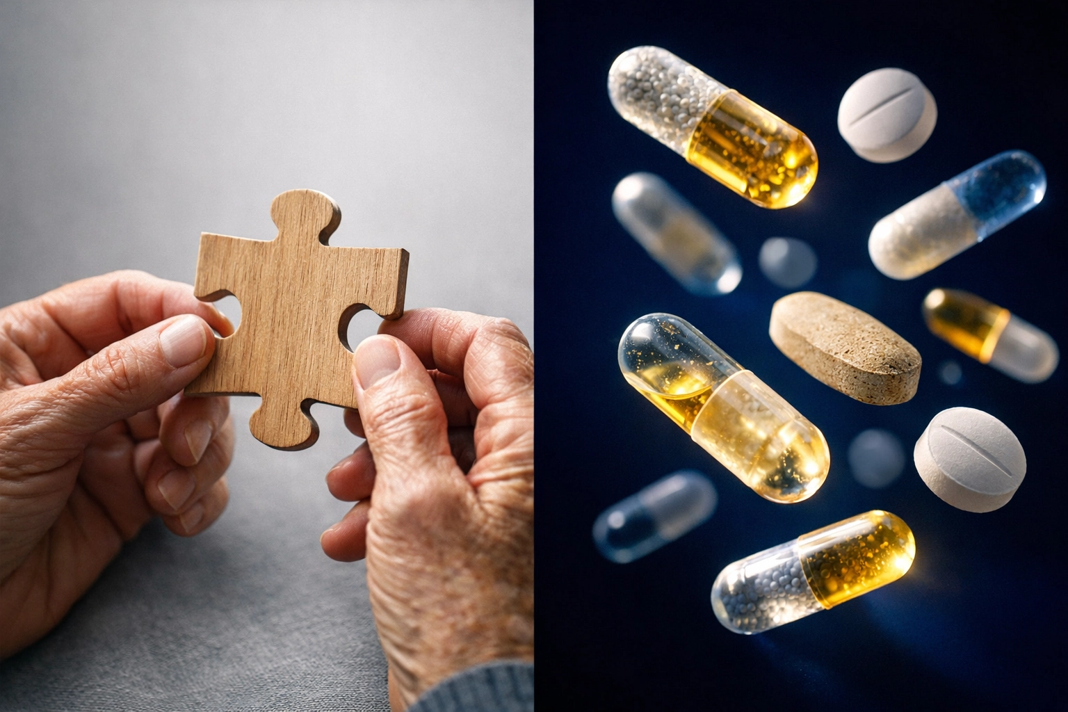 Elderly hands holding puzzle piece with multivitamins showing cognitive health benefits