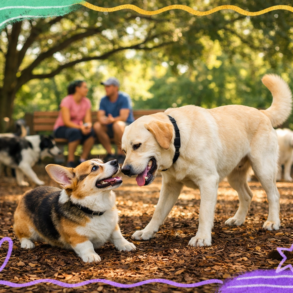 Dogs of all sizes playing together at shaded Marietta dog park