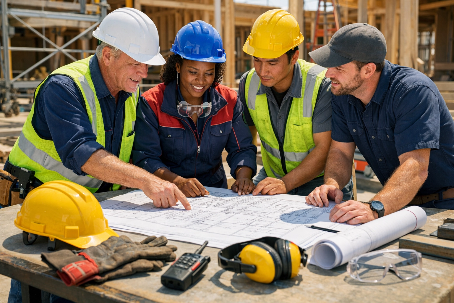 Service contractors reviewing plans and safety equipment at job site