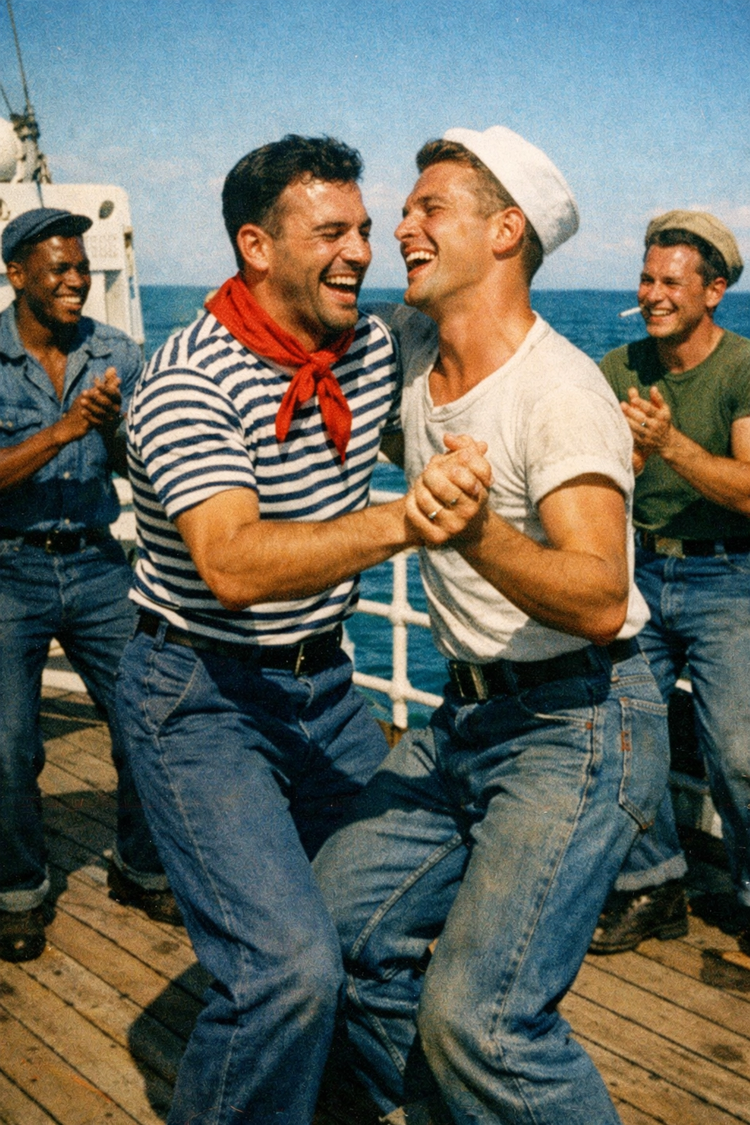 Joyful merchant sailors dancing on a sun-drenched deck, a scene from 20th-century queer history at sea.