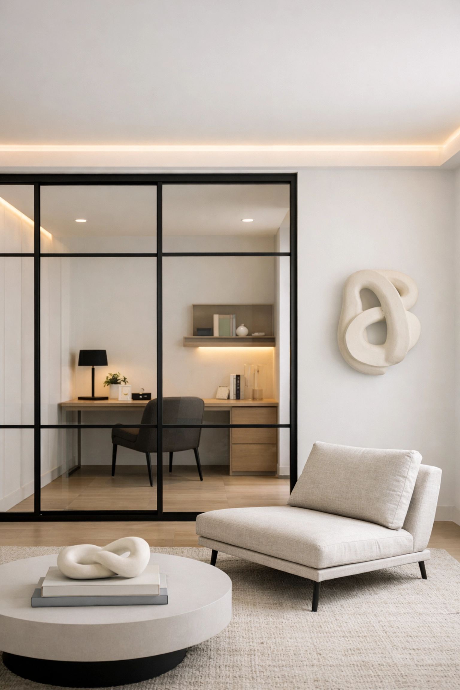 Sleek glass partition and LED lighting designed by a renovation contractor Vancouver for a refined home office.