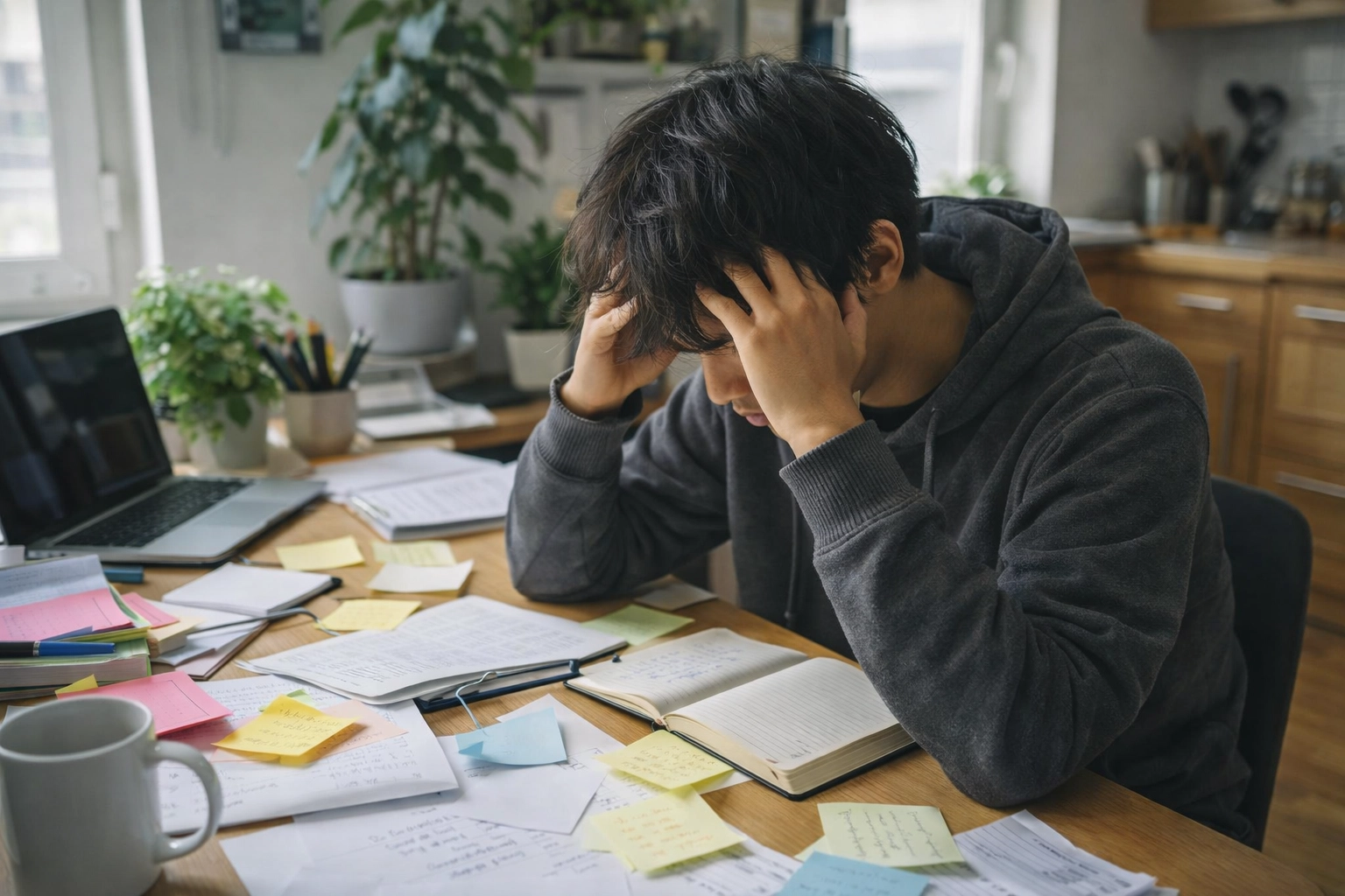 Realistic photo of a diverse person at a desk with scattered notes and papers, holding their temples from mental overload