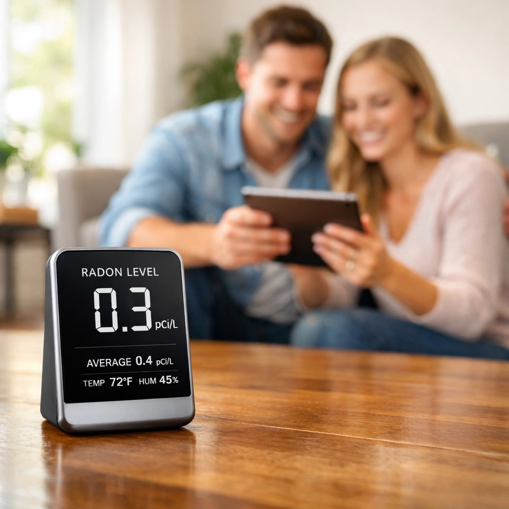 A digital radon monitor on a living room floor providing peace of mind for home buyers during an inspection.