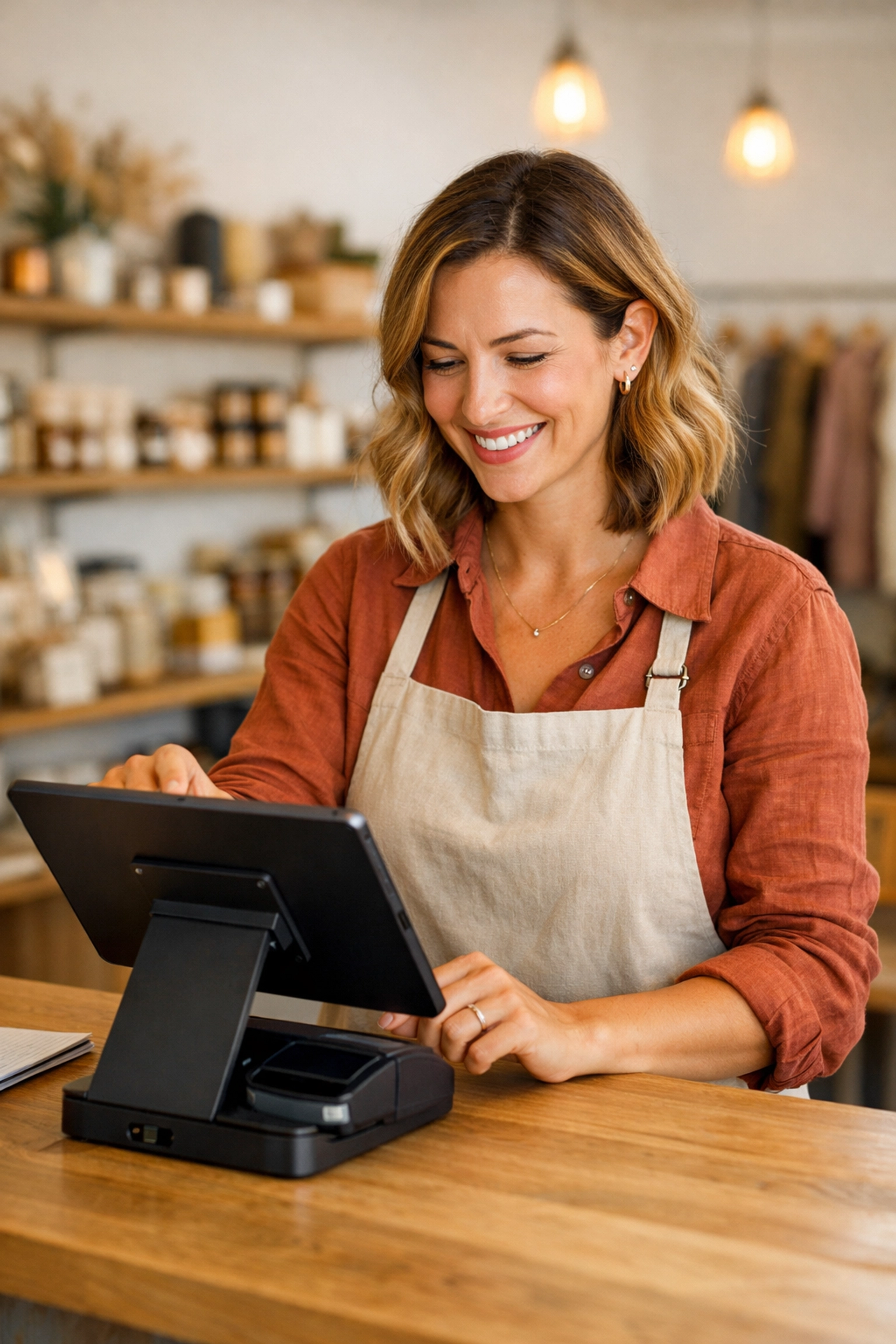A smiling UK business owner using a modern tablet epos system in a retail boutique.