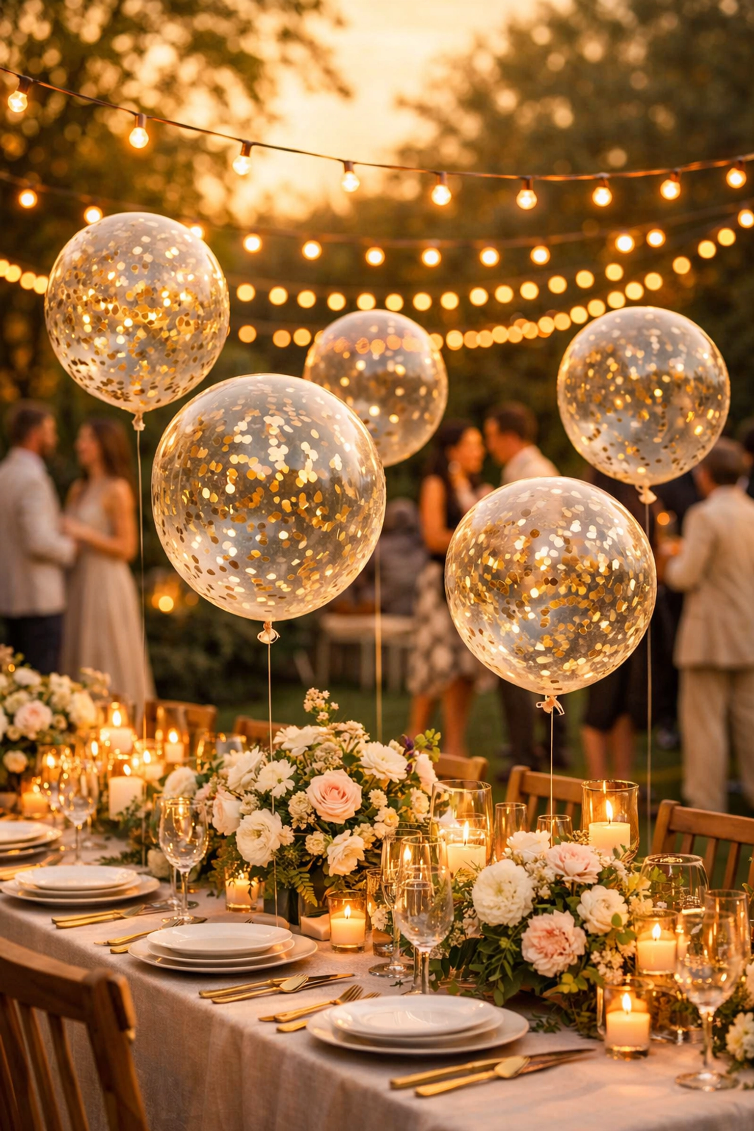 Confetti-filled helium balloons floating perfectly above a table at an outdoor garden party.