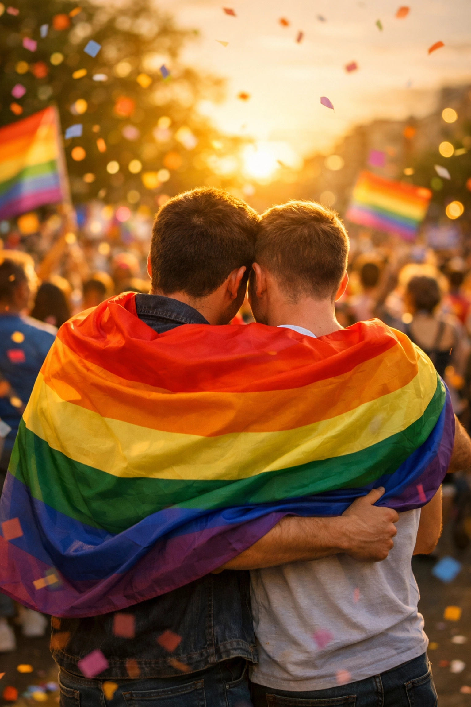 Gay couple embracing under rainbow flag at pride parade celebrating LGBTQ+ community and love