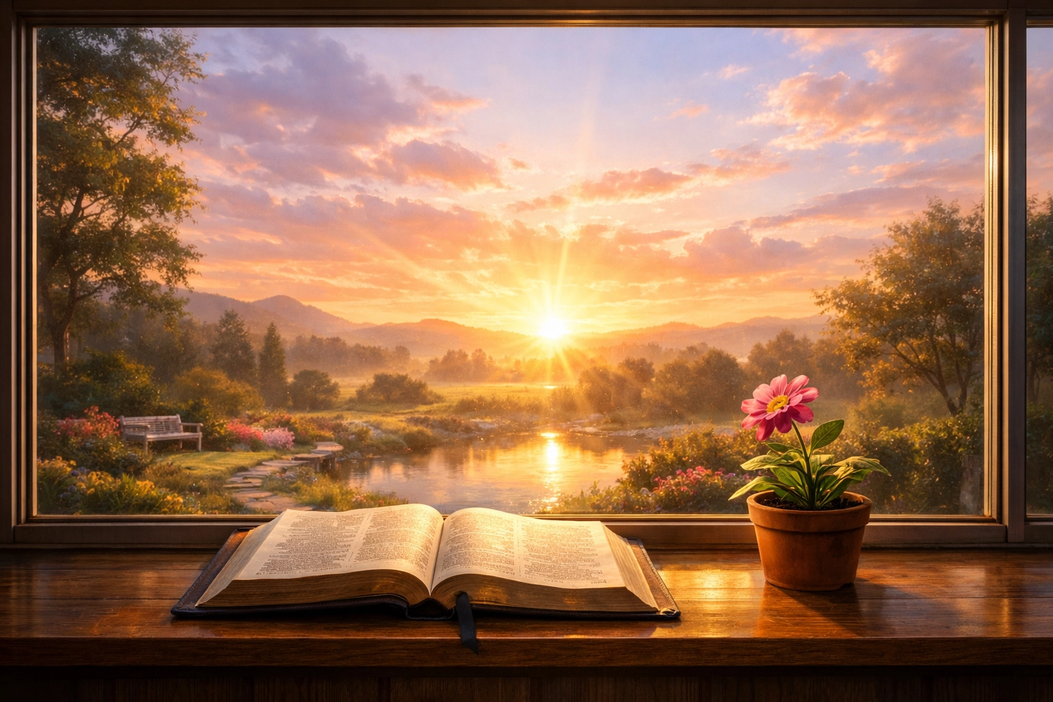 Open Bible on a windowsill at sunrise, symbolizing spiritual resilience and the anchor of truth for caregivers.