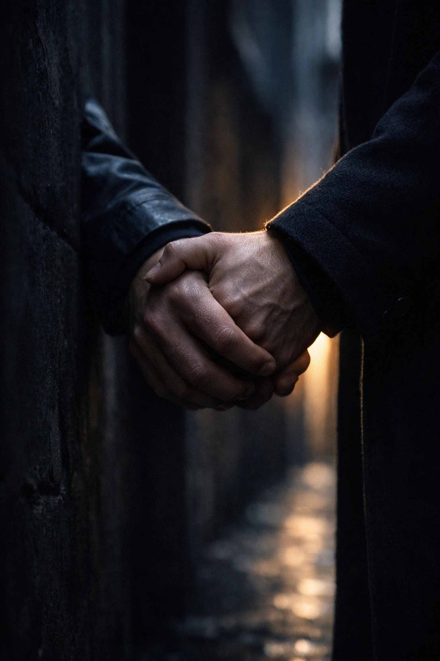 Two men's hands clasped in shadows during communist Poland's gay persecution