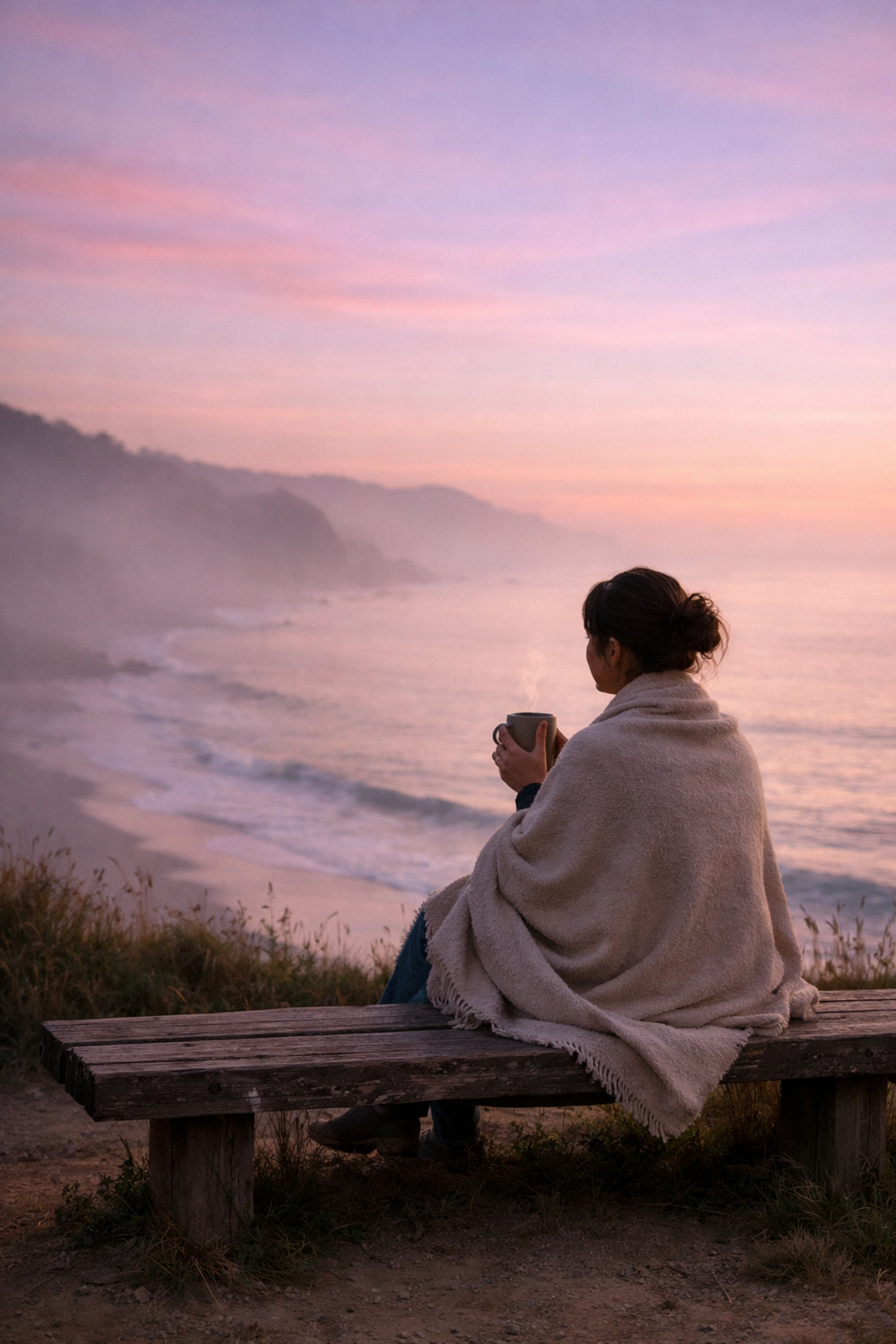 Mother enjoying peaceful moment alone on coastal bench with tea at golden hour for self-care