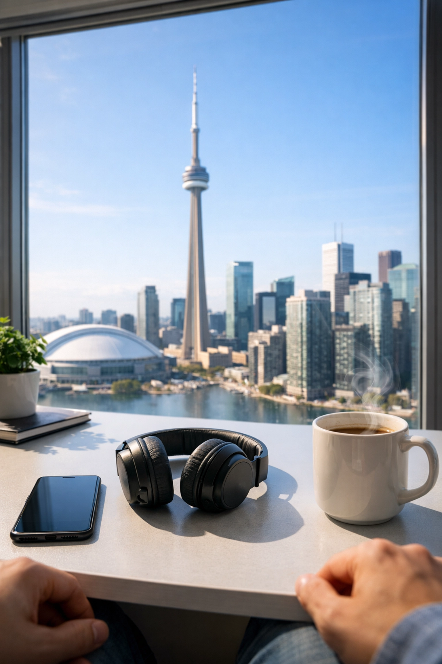 Canadian professional using a cloud PBX system from a home office with a view of the Toronto skyline.