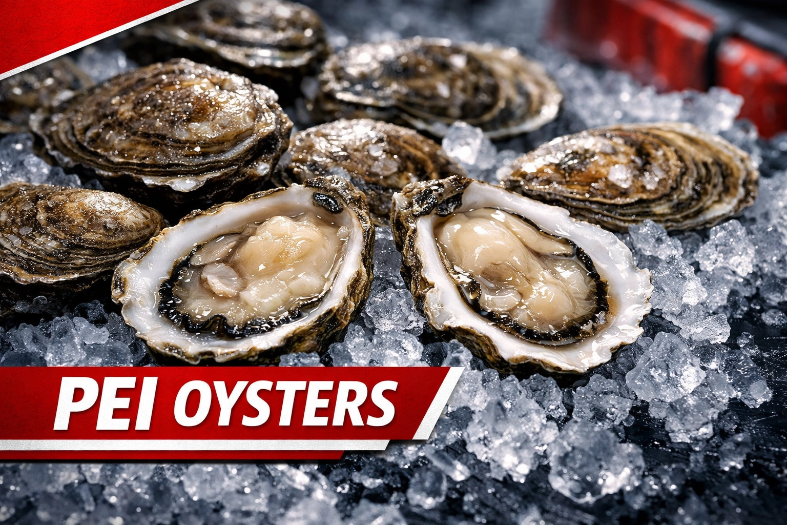 Fresh Prince Edward Island oysters on ice at aquaculture facility