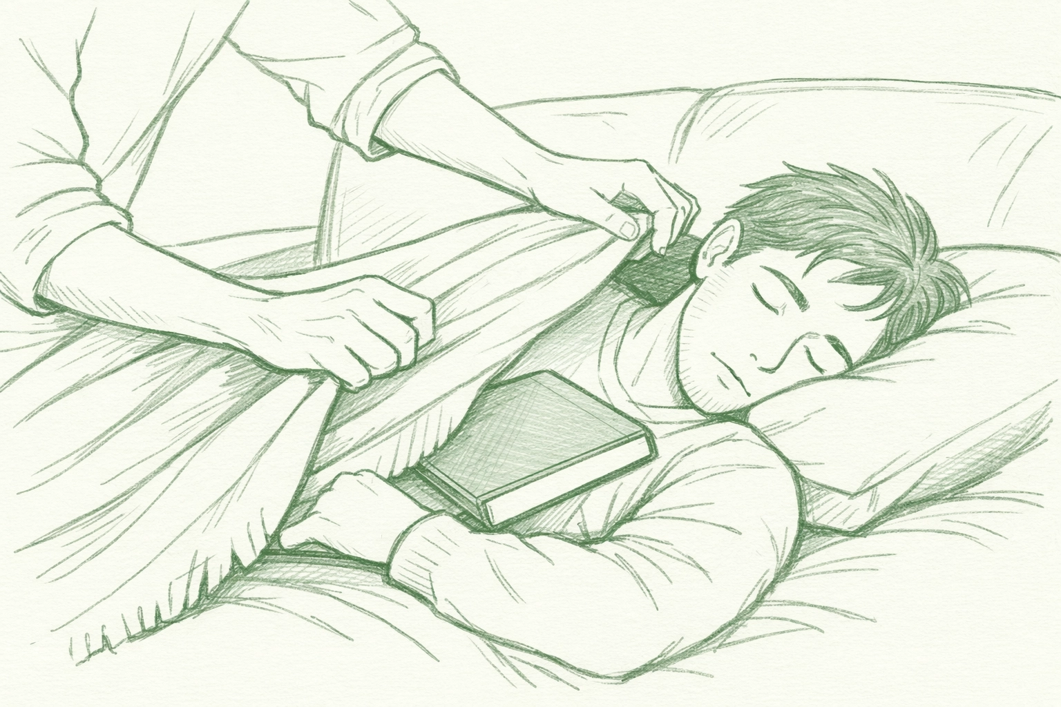 Tender moment as man covers sleeping partner with blanket - LGBTQ+ love shown through quiet acts of devotion