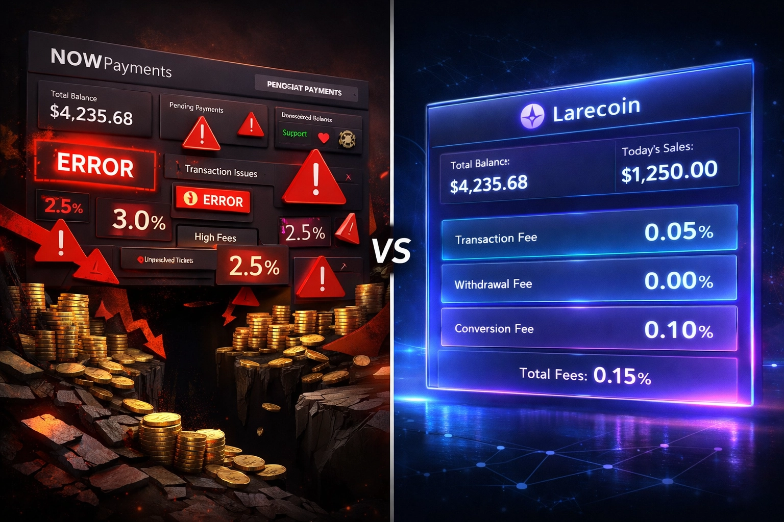 NOWPayments vs Larecoin fee comparison showing high percentage-based costs versus near-zero crypto payment fees
