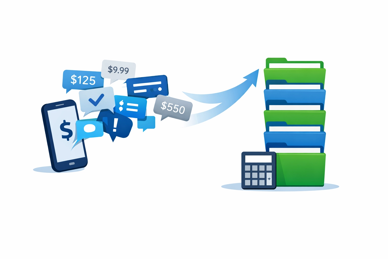 Illustration of disorganized payment app data being converted into structured bookkeeping for small businesses.