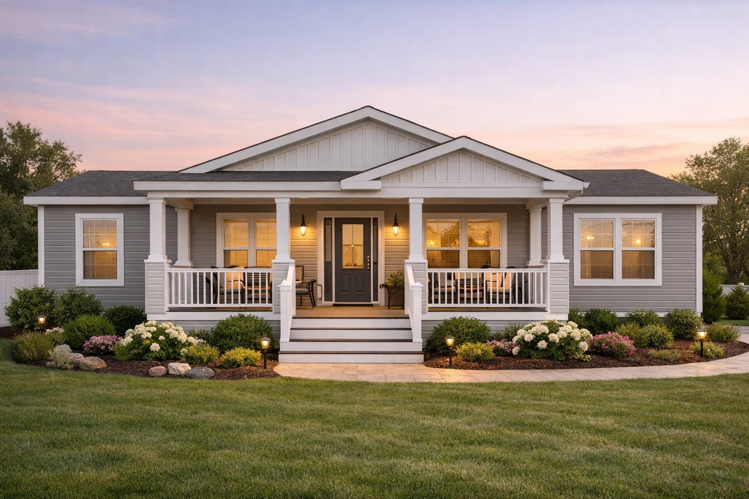 Modern manufactured home with grey siding and front porch in a peaceful Houston area community.