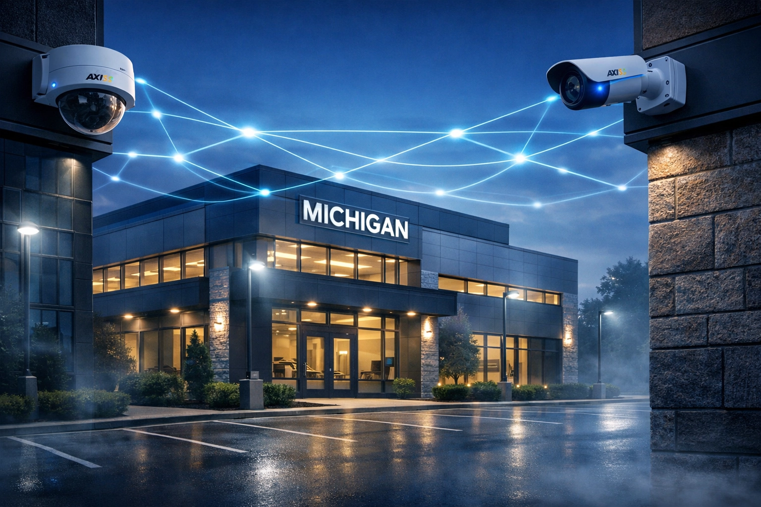 Axis security cameras installed on Michigan business building with integrated network monitoring