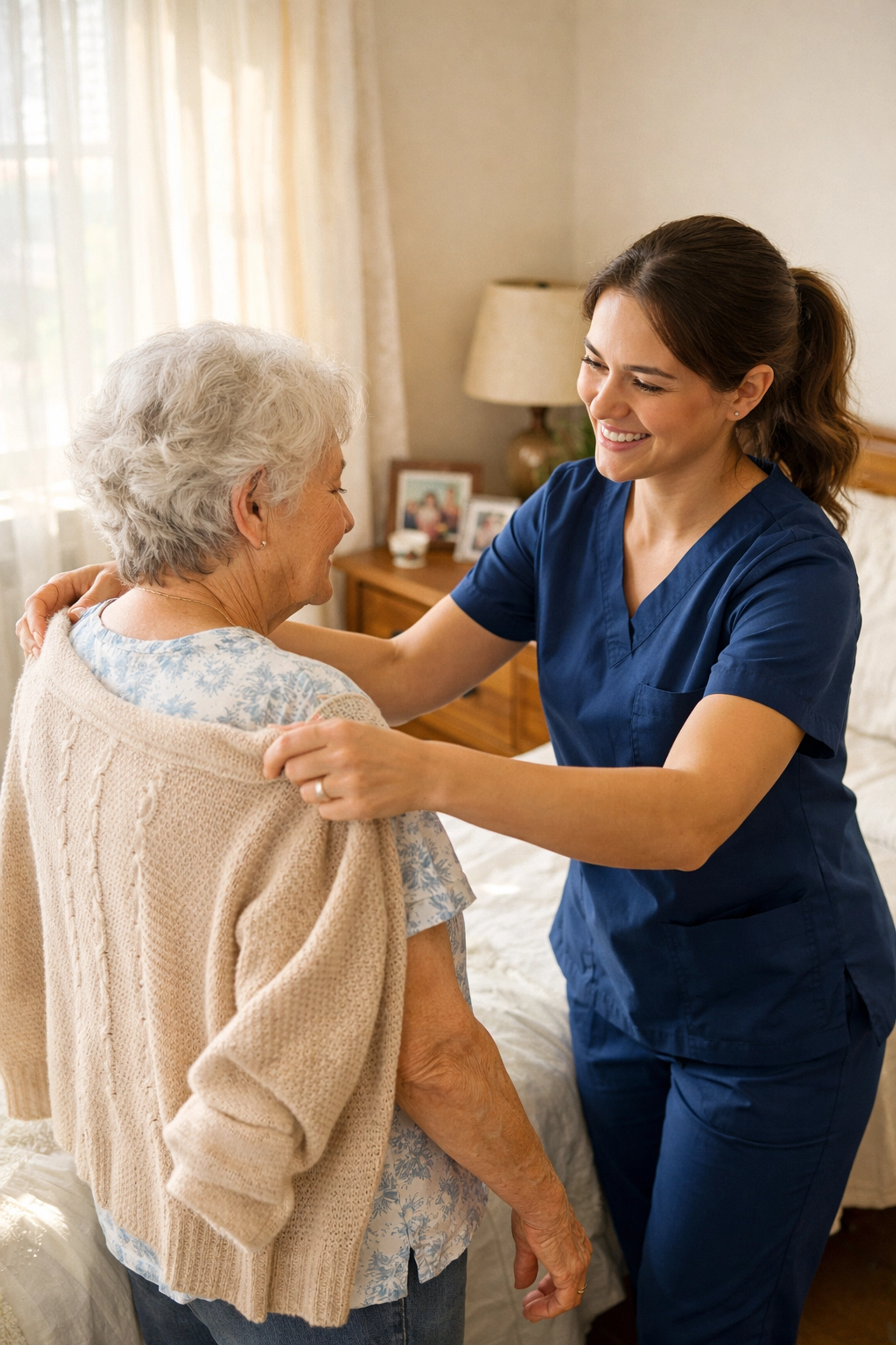 Domiciliary care worker helping elderly woman with dressing in Southampton home