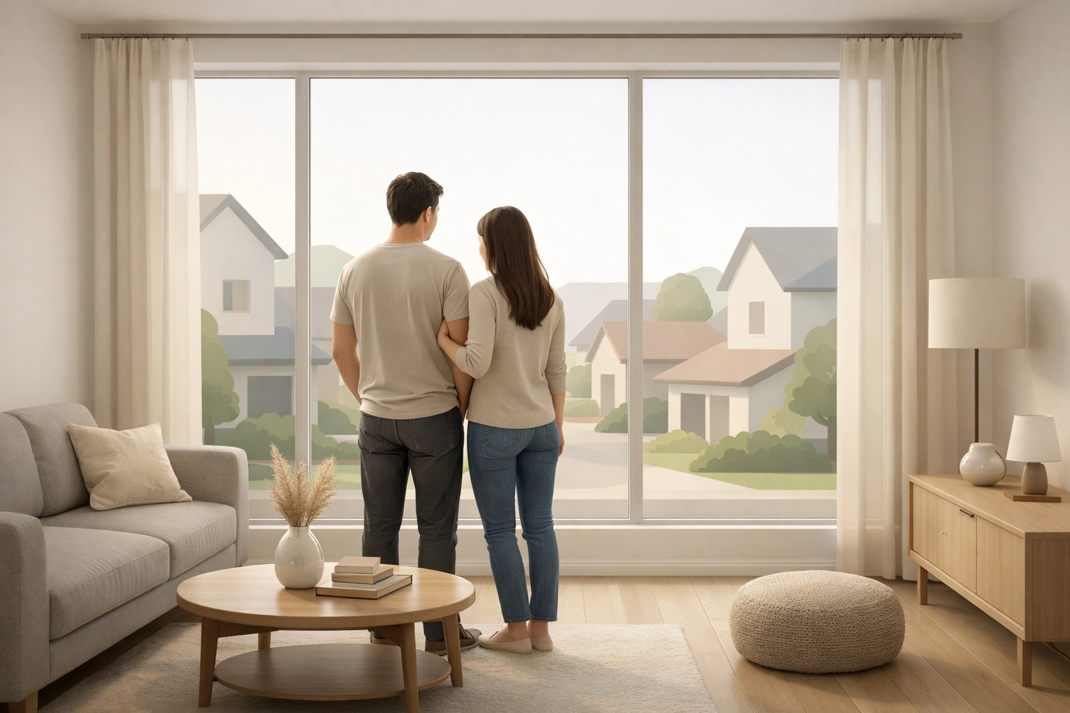 Couple viewing Spokane residential neighborhoods through window while house hunting