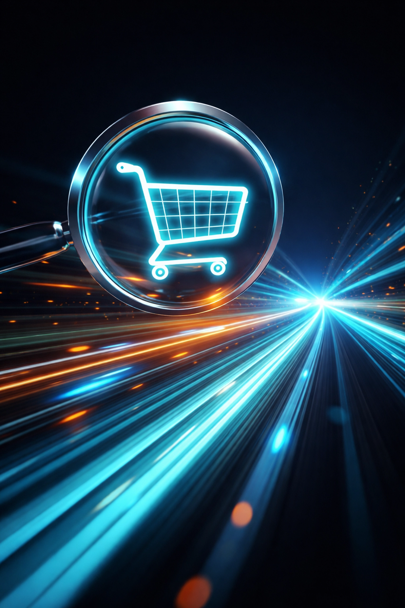 Digital illustration of a shopping cart highlighted by a magnifying glass, symbolising Google Ads targeting for Magento 2 e-commerce traffic.