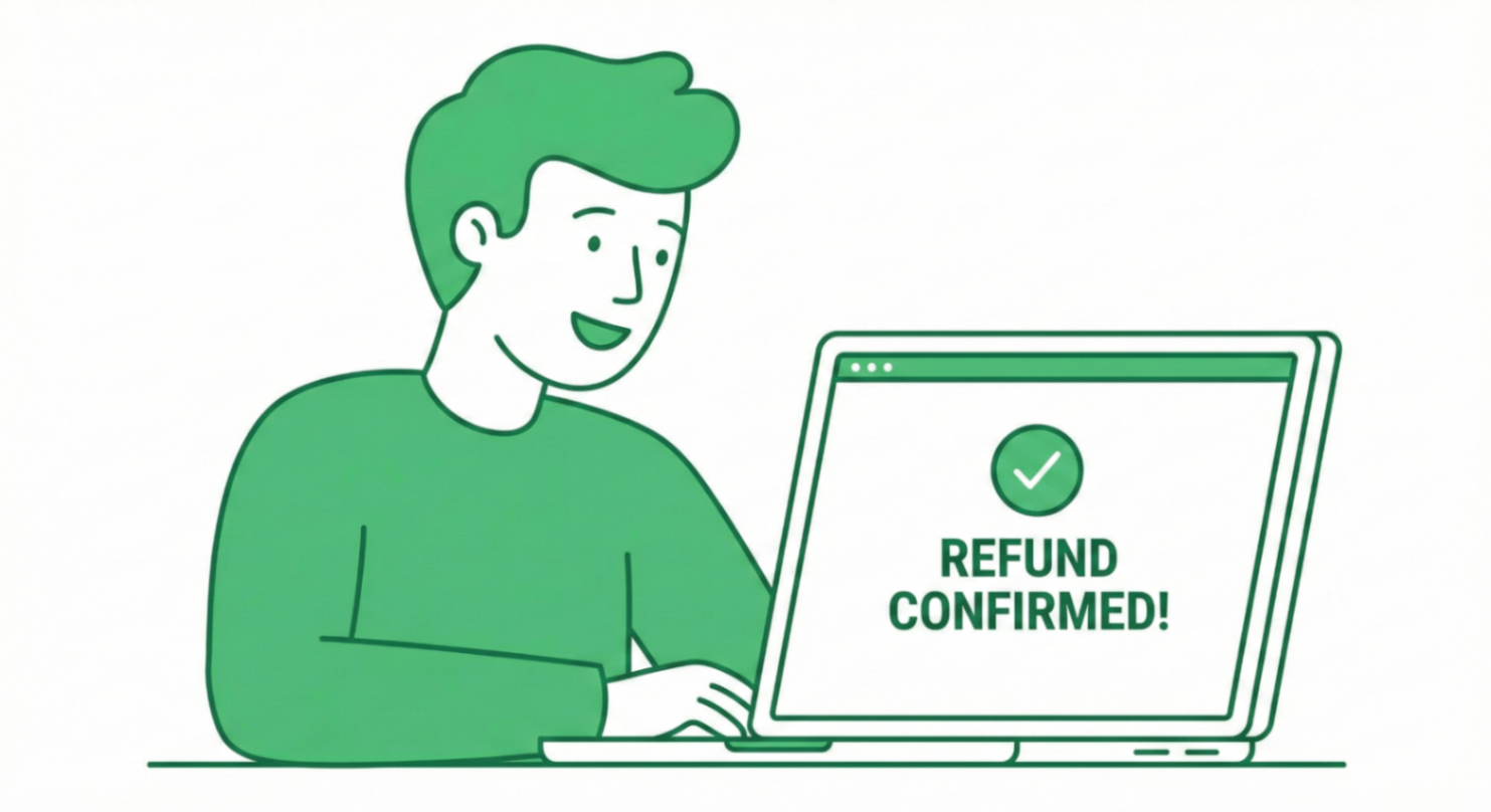REFUND CONFIRMED! A customer views a laptop screen displaying 'REFUND CONFIRMED!'