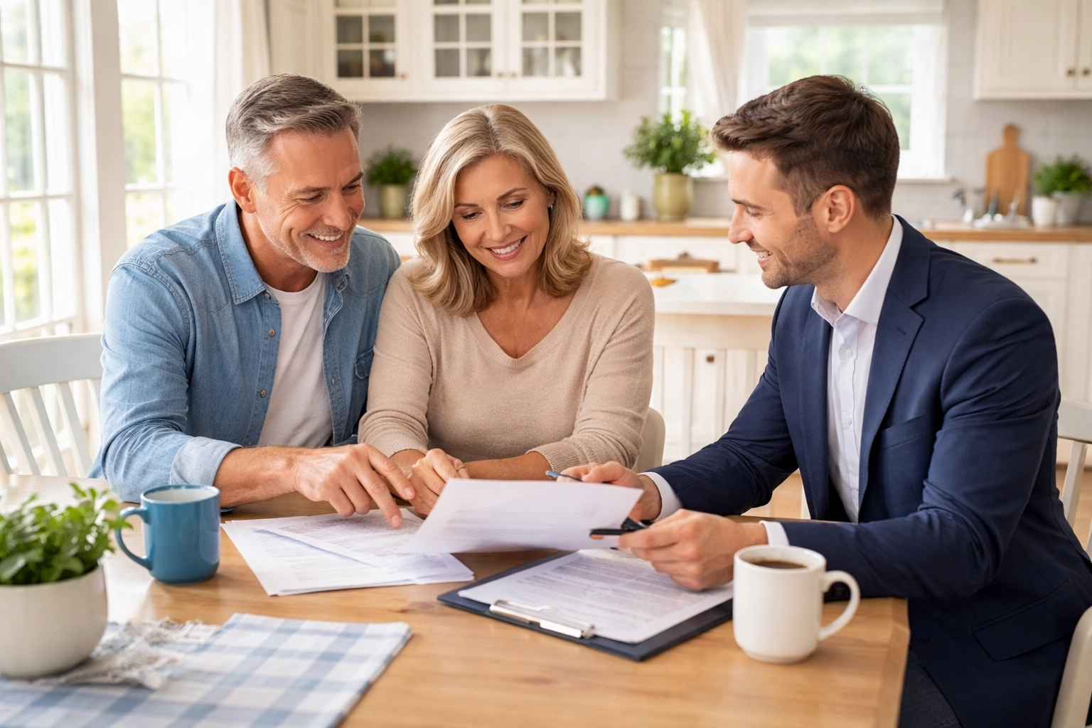 Couple consulting with advisor in modern Cape Cod home, emphasizing personalized umbrella insurance Massachusetts coverage.