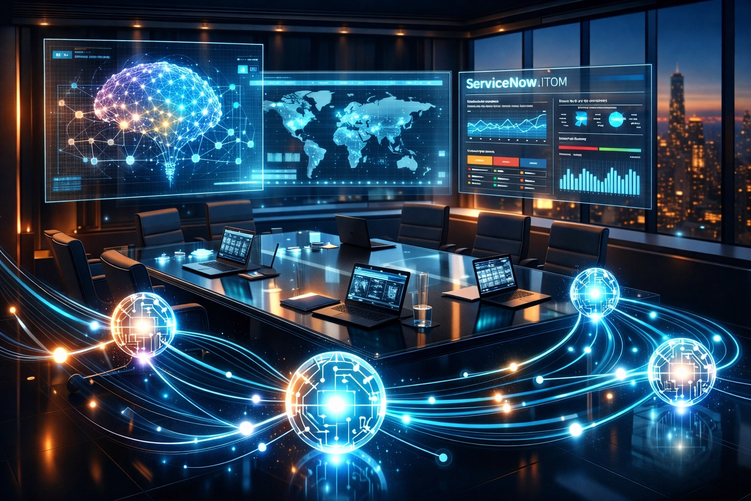 ServiceNow ITOM operations center with AI agents managing real-time data dashboards and automation workflows